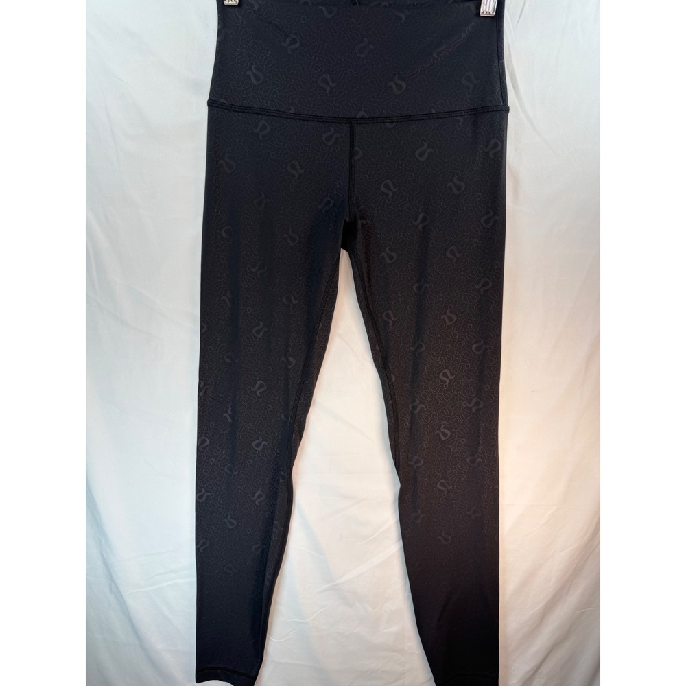 Lululemon High Rise Leggings Black Tonal Embossed Logo Size 8